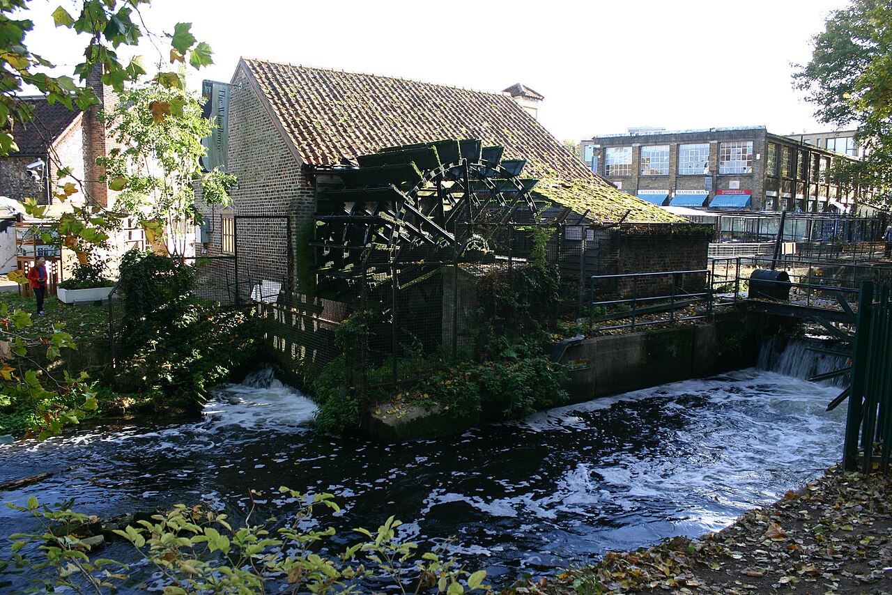 The waterwheel at Merton Abbey Mills on the River Wandle, south London