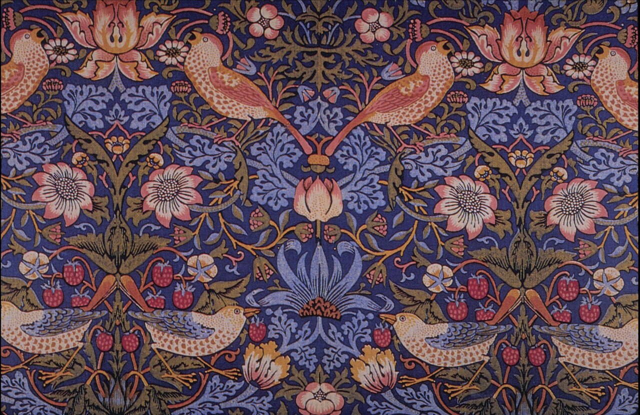 William Morris's Strawberry Thief, a printed cotton of 1883 with thrushes among strawberries