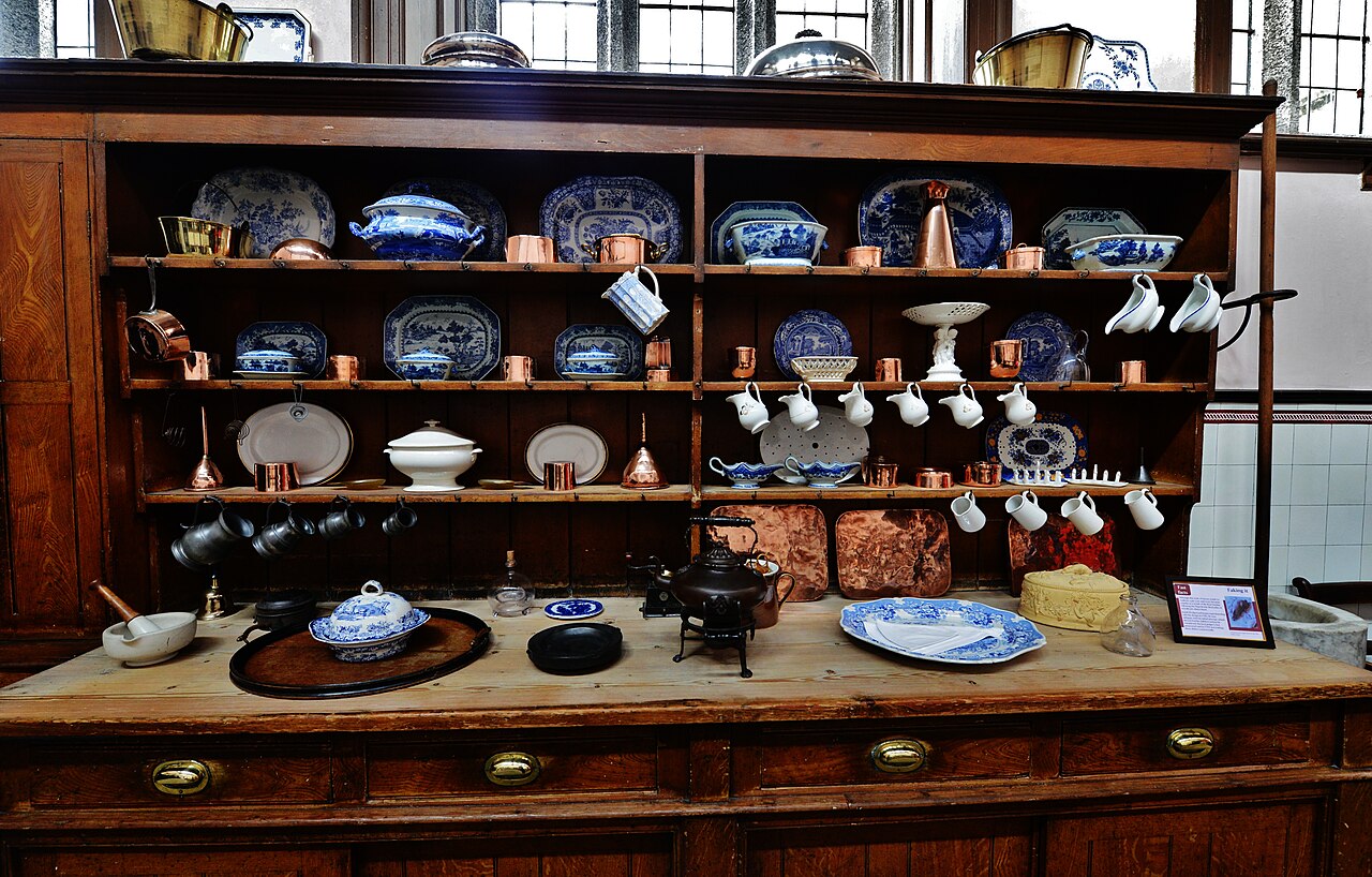 The great dresser in the kitchen at Lanhydrock, Cornwall