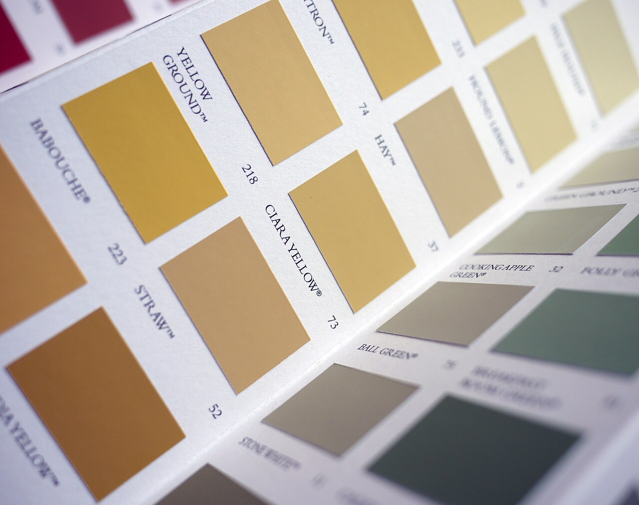Yellows, stones and greens on a Farrow & Ball colour card